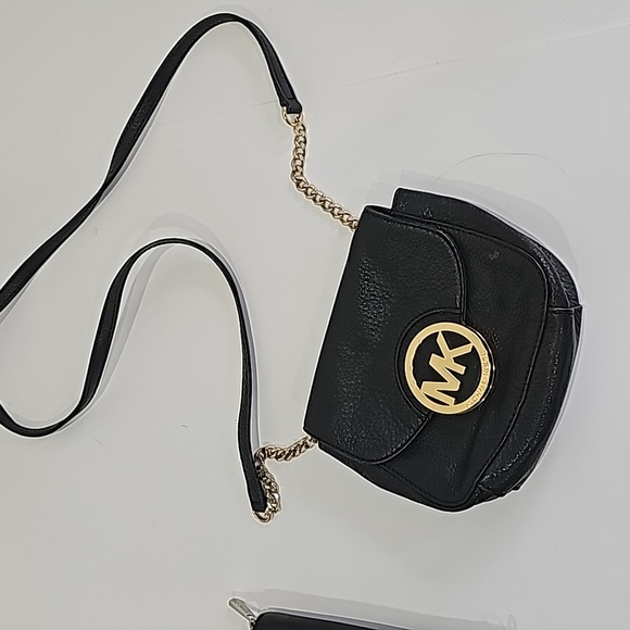 Michael Kors Handbags - Michael Kors Small Black leather Crossbody MK Gold Logo, snap closure